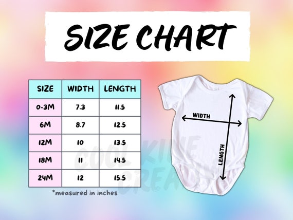 NO BRAND NAME on Chart - Rabbit Skins 4424 Infant Baby Bodysuit Size Chart -  White Color Shirt on Rainbow Background Size Guide
