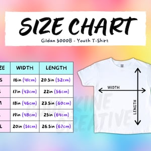 Gildan 5000B METRIC and IMPERIAL Size Chart, Youth Kids Heavy Cotton Tee G500B / G5000B Tee on Rainbow Background, Inches CM Size Guide