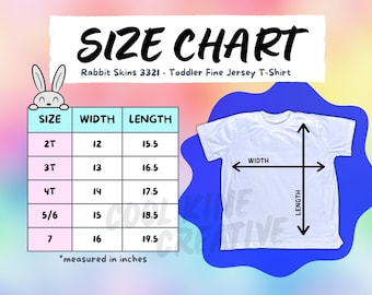 Rabbit Skins 3321 Toddler T-Shirt Size Chart -  WHITE Color Shirt on Rainbow Background Size Guide, RabbitSkins Toddler Fine Jersey T-Shirt