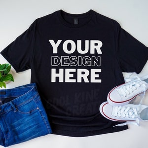 Gildan 64000 Adult BLACK T-Shirt Mockup, Flat Lay Shirt on White Background, G640 G64000 Adult Soft Style Tee Mockup Template