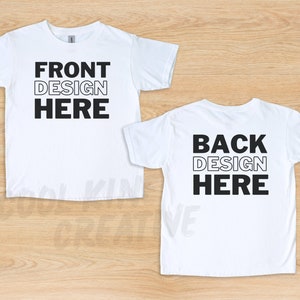 FRONT & BACK Gildan 5000B Kids WHITE T-Shirt Mockup, G500B Flat Lay Shirts on a Light Brown Wood Background, White Color Tee Mockup Template