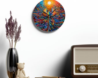 Acrylic Wall Clock with Colorful Artistic "Rise Like a Phoenix" Print | Circle and Square for All Home Decor Needs