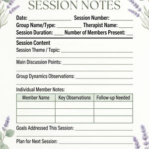 Puede incluir: Una plantilla blanca de Notas de Sesión de Terapia Grupal con secciones para la fecha, detalles de la sesión, contenido y notas de los miembros. El diseño incluye ramitas de lavanda y eucalipto. El texto "PracticeReadyCo" está en la parte inferior.