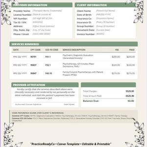 May include: A beige mental health superbill template with floral corner accents. The document includes sections for provider and client information, services rendered, and a provider attestation. Text includes "PracticeReadyCo Canva Template Editable & Printable."
