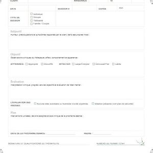 Peut inclure: Un modèle de note de thérapie imprimable blanc avec une bordure florale. Le formulaire comprend des sections pour les informations du client, les détails de la session, les notes subjectives, les objectifs et l'évaluation. Le texte comprend "Nom de votre cabinet" et "Note de suivi pour adultes".