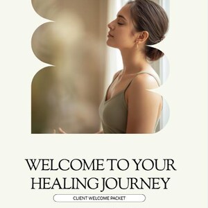 Peut inclure: Une couverture de guide de bien-être avec le texte "WELCOME TO YOUR HEALING JOURNEY" et "CLIENT WELCOME PACKET". L'image présente une femme les yeux fermés, portant un haut vert, avec un fond vert clair.