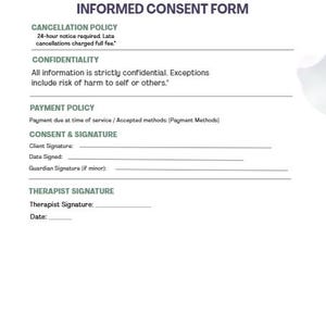 Peut inclure: Un formulaire de consentement éclairé avec un logo de fleur de lotus et le texte "Formulaire de consentement éclairé". Le formulaire comprend des sections pour la politique d'annulation, la confidentialité, la politique de paiement et les signatures. Fond blanc avec des accents violets et verts.
