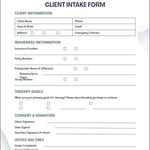 May include: A Client Intake Form with a light purple and green design. The form includes sections for client information, insurance details, therapy goals, and consent. The top of the form has the practice name and address.