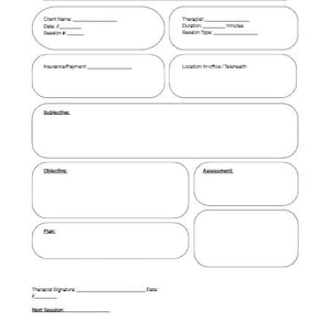 Può includere: Un modello bianco di Note di sessione SOAP con campi di testo per le informazioni sul cliente, le note del terapista e i dettagli della sessione. Il documento include sezioni per note soggettive, oggettive, di valutazione e di piano. Il titolo "SOAP SESSION NOTES" è in alto.