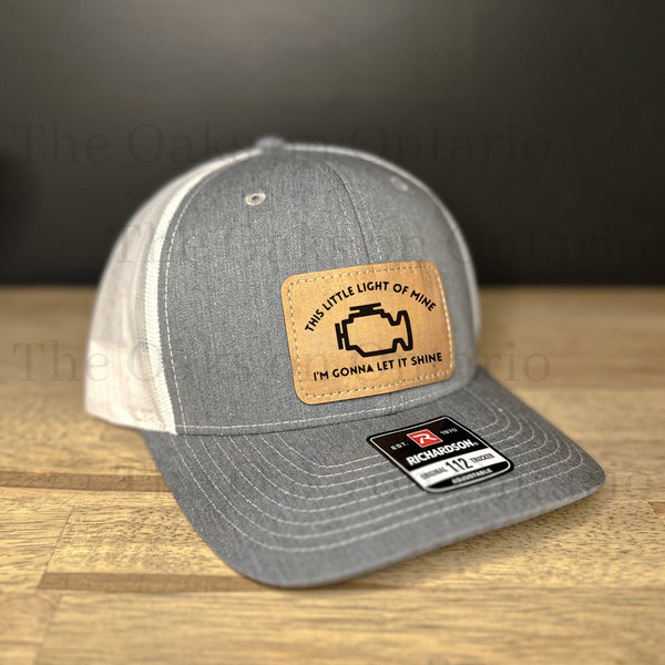 Car engine hat, Mechanic hat, I’m going to let it shine hat,  Funny Engine light baseball hat, Trucker hat, Car cap, Leather patch hat