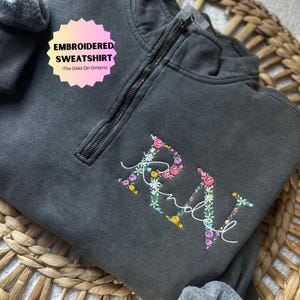 Nurse Comfort Colors Embroidered Floral Sweatshirt, Multicolored Personalized Rn Quarter Zip, nurse apparel