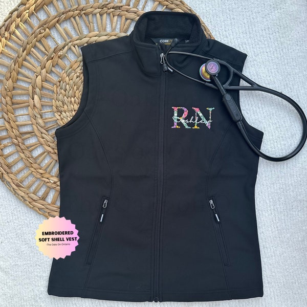 Embroidered Nurse Floral Vest,  Personalized RN NP DR Women's Soft Shell Vest, Healthcare worker Vest -Ideal gift for nursing graduation