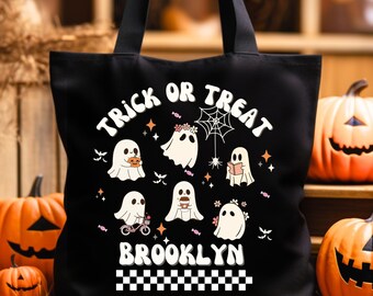 Trick or Treat Retro Ghost Bag, Personalize, Customize, Canvas Tote Bag, Halloween Bag, Gift for Grandkids, Kids, Teacher, Halloween Candy