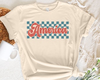 Vintage America With Checkerboard Graphic Tee, American Pride, Patriotic Shirt, Fourth of July, Independence Day, Red White and Blue