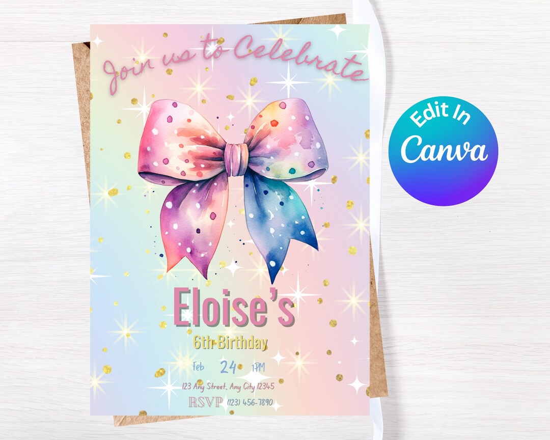 Bow Themed Birthday Party Invitation, Bow Birthday Invitation, Editable ...