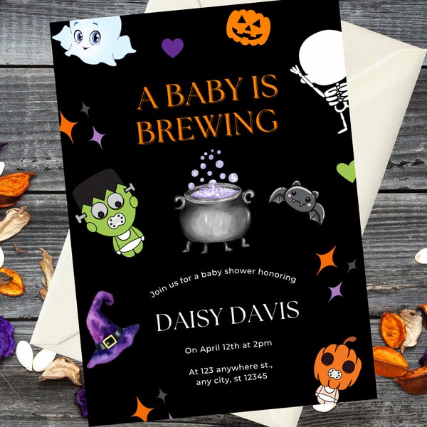 Halloween baby shower invitation a baby is brewing digital invitation October baby shower custom Halloween themed baby shower invite