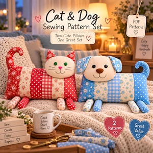 Cat and Dog Pillow Sewing Pattern Set – Beginner-Friendly Cushions (PDF Pattern)