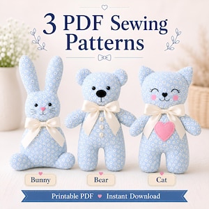 May include: Three stuffed animal toys including a bunny, a bear, and a cat, all made from light blue fabric with a white floral pattern. Each toy features a cream-coloured satin ribbon bow. The text 3 PDF Sewing Patterns is displayed above.
