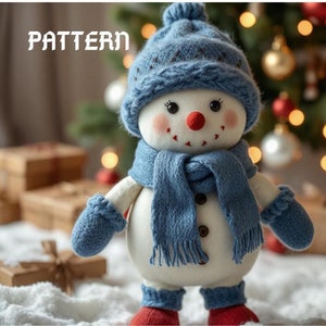 May include: A white snowman with a blue knitted hat, scarf, and mittens. The snowman has a red nose and black eyes. The snowman is standing in front of a Christmas tree with lights and ornaments.