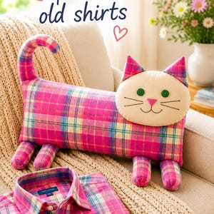 Cat Pillow Sewing Pattern: Upcycled Denim, Floral Embroidery (PDF Pattern, 2 Sizes) Beginner's Guide image 2