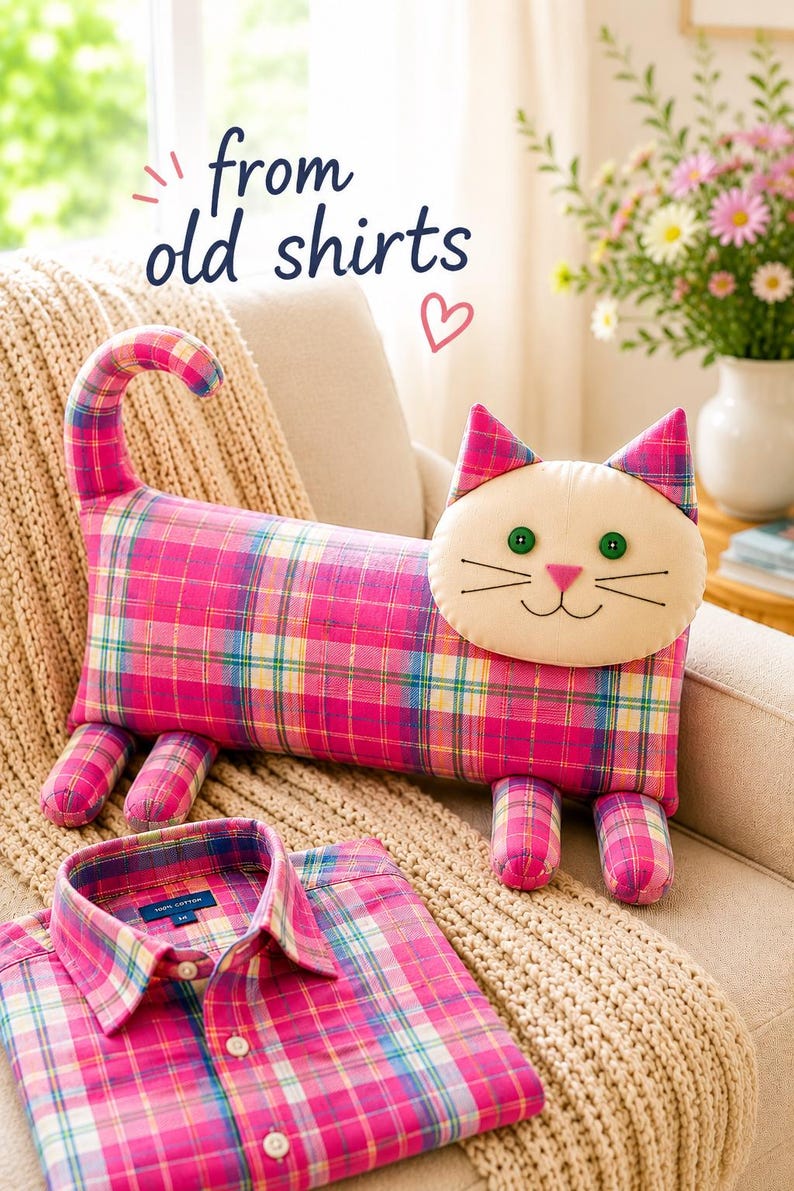 Cat Pillow Sewing Pattern: Upcycled Denim, Floral Embroidery (PDF Pattern, 2 Sizes) Beginner's Guide image 2