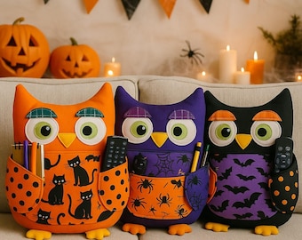 Padrão de costura de travesseiro de coruja de Halloween em PDF: brinquedo de pelúcia jeans reciclado (2 tamanhos) + guia para iniciantes