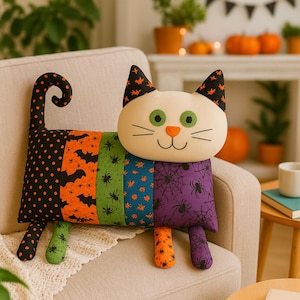 Op de afbeelding: Een Halloween-kussentje in de vorm van een kat met een crèmekleurig gezicht, groene ogen en een oranje neus. De body is een patchwork van zwarte stippen, oranje vleermuizen, groene spinnen, blauwe bloemen en paarse spinnenwebben.