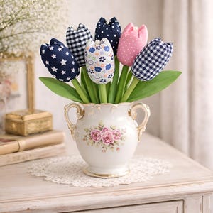 fabric tulip bouquet in vintage porcelain vase handmade spring decor
