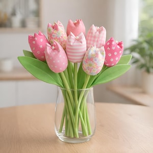 bouquet of handmade fabric tulips in glass vase, DIY fabric flower sewing pattern