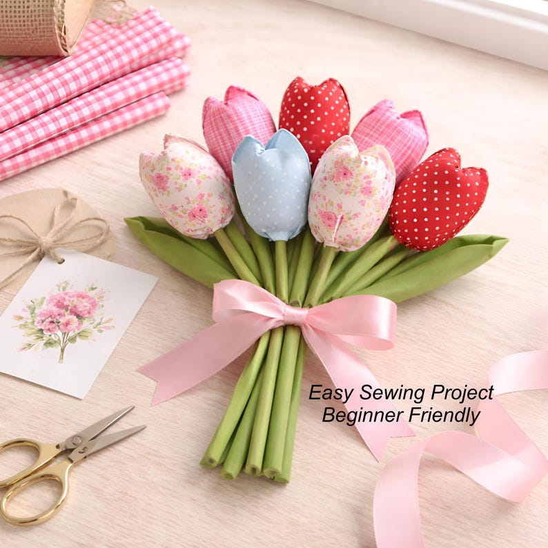handmade fabric tulip bouquet tied with ribbon DIY sewing gift idea