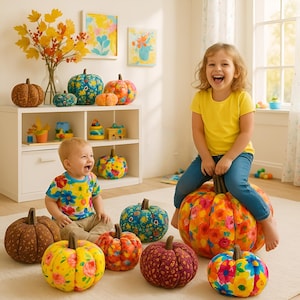 May include: A collection of decorative fabric pumpkins in various sizes and colors, including yellow, orange, blue, and burgundy. Some pumpkins feature floral patterns, while others have textured surfaces. A child sits on a large pumpkin, and another child sits nearby.