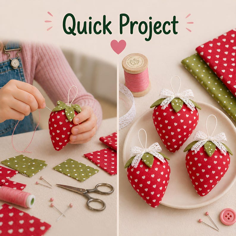 Step by step sewing strawberry project with process and finished result, quick sewing project, small DIY fabric ornament
