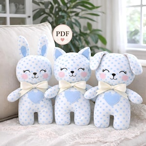 Set di modelli per cucire peluche per bambini, decorazioni per la cameretta, PDF, 3 animali