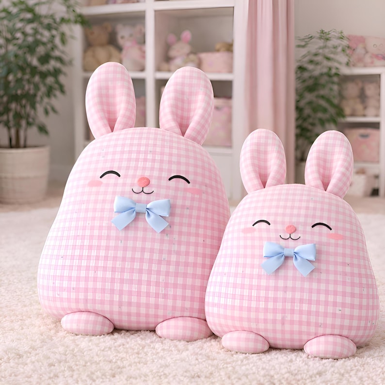 Two bunny pillows in pink gingham fabrics on a soft nursery background. Two sizes.