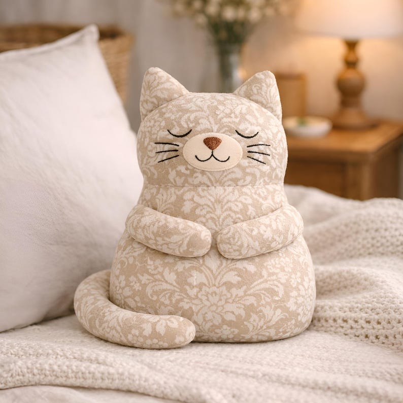 beige plush cat toy, soft stuffed animal, calm aesthetic nursery