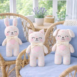 Juego de patrones de costura para peluches: gato, perro y conejo (patrón en PDF, 3 tamaños de cada uno).