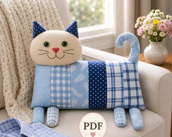 猫の枕の型紙：アップサイクルデニム、花柄刺繍（PDF型紙、2サイズ）初心者向けガイド