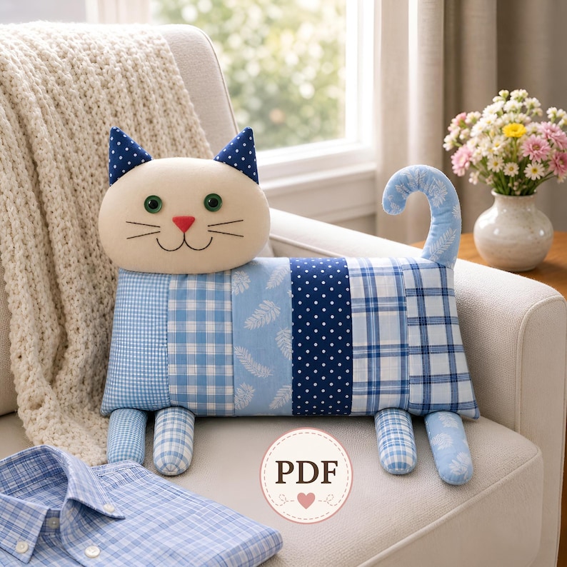 blue patchwork cat pillow on armchair near window, soft natural light, upcycled shirt fabric, cozy home decor. PDF