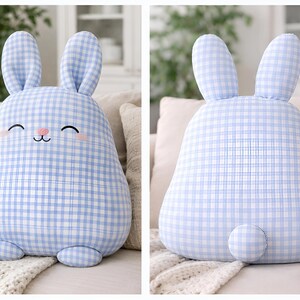 Front and back view of a blue gingham bunny pillow shown side by side.