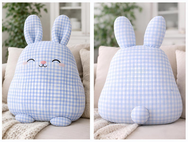 Front and back view of a blue gingham bunny pillow shown side by side.