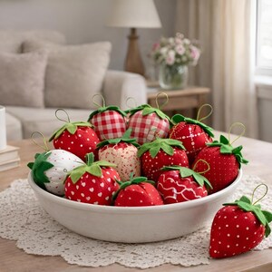 Decorative bowl with handmade red strawberry ornaments styled with flowers on rustic table
