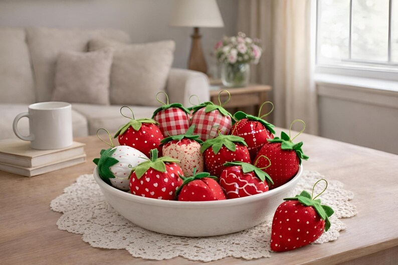 Decorative bowl with handmade red strawberry ornaments styled with flowers on rustic table