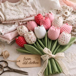 アップサイクルチューリップの縫製パターン、メモリーファブリックフラワー、DIY記念品PDF