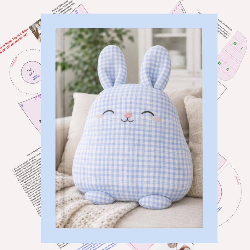 Front view of a blue gingham bunny pillow showing smooth rounded shape and upright ears and pages with pattern.
