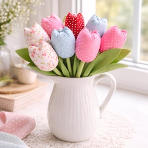 soft pastel fabric tulip bouquet in white pitcher near window handmade decor