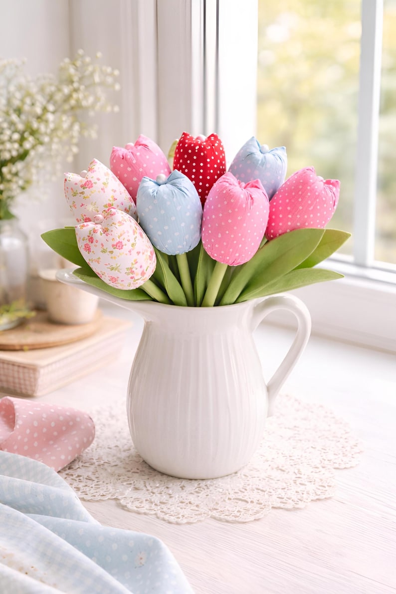 soft pastel fabric tulip bouquet in white pitcher near window handmade decor