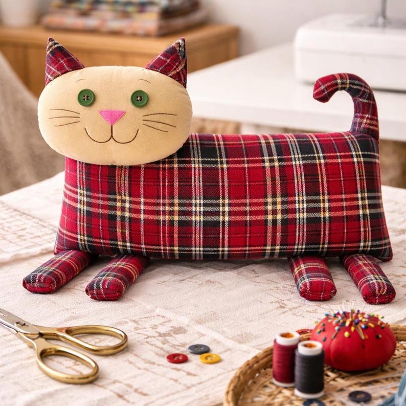 Red plaid cat pillow on table with scissors and threads, sewing process, DIY cat pillow pattern tutorial