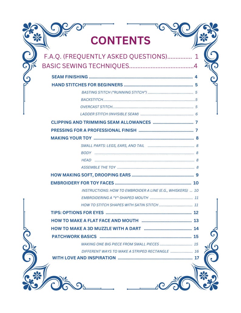 Contents of Kind Cat beginner sewing guide, step-by-step plush toy instructions