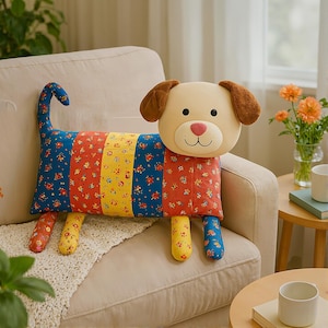 Peut inclure: Un coussin en forme de chien avec une tête crème, des oreilles marron et un nez rose. Le corps est un patchwork de tissus floraux bleus, rouges et jaunes. Le coussin est posé sur un canapé beige.