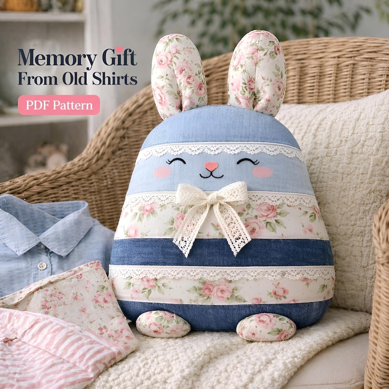 memory bunny pillow made from old shirts, beginner sewing PDF pattern, cozy home decor, handmade keepsake plush rabbit